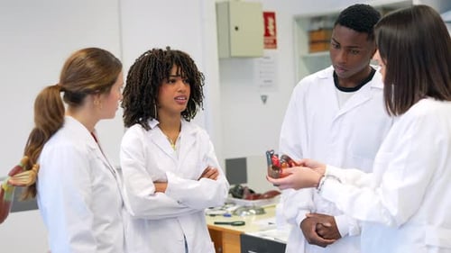 Medical Students Studying Heart Model in Science Lab