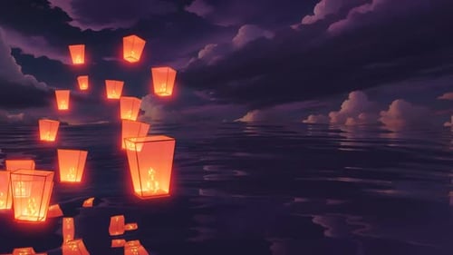 Himmelslaternen fliegen nachts über dem Meer: Lofi Loop Animation