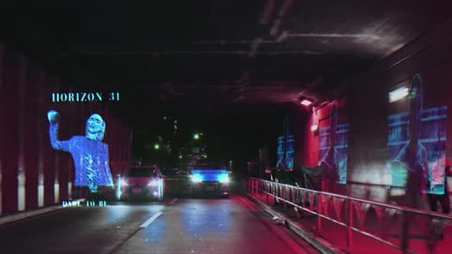 Futuristic Japanese City with Sologram Hologram Adverts in a Stylized Underpass
