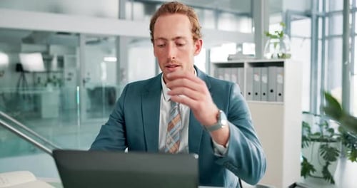 Laptop, thinking and review with business man at desk in office for administration or research