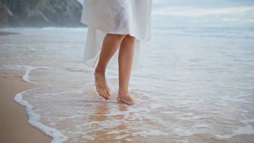 Girl Legs Going Waves Beach Closeup Relaxed Female Traveler Walking Ocean Coast