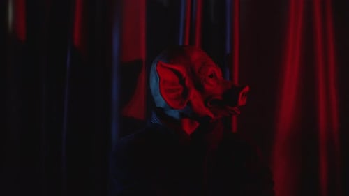 Video of Man with Pig Mask in Room with Flickering Red Curtain