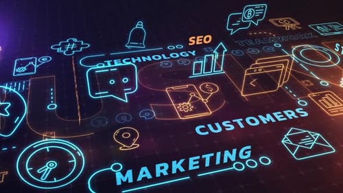 Neon Glowing Digital Network with Technology Business Icons