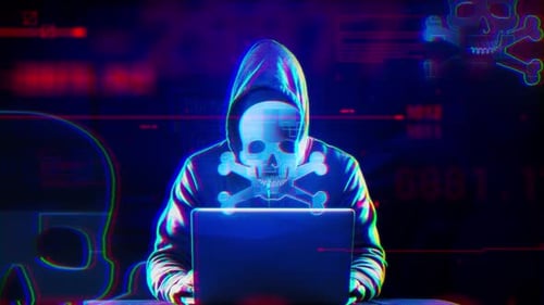 Hacker with Skull Mask and Glitch Digital Security Warning