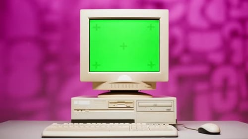 Retro Pc with Chroma Key Green Screen Old Computer Studio Closeup Desktop Vintage Retro Wave Display