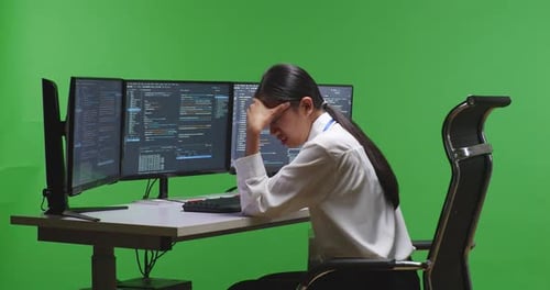 Woman Developer Having Headache While Write Code With Multiple Screens In Green Screen Studio
