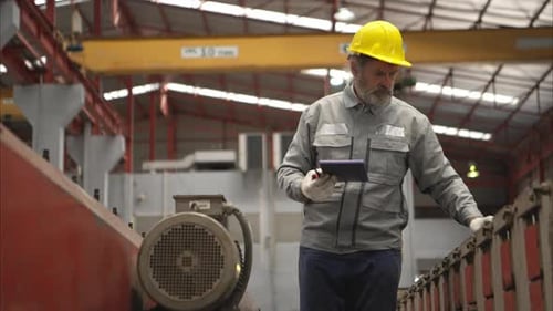 Erfahrener Techniker, der große Maschinengetriebe an einer Produktionslinie in einer Industrieanlage überprüft