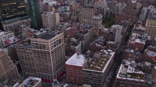 Aerial View of the New York City Skyline at Sunset The Camera Pans Over the City Showing the
