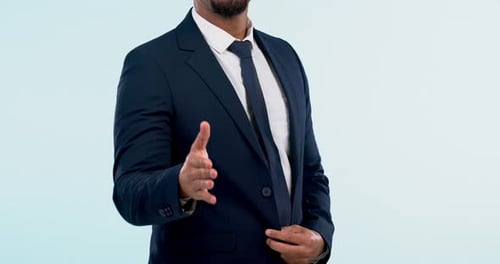 Welcome, handshake and business man in studio with b2b deal, offer or partnership emoji on white