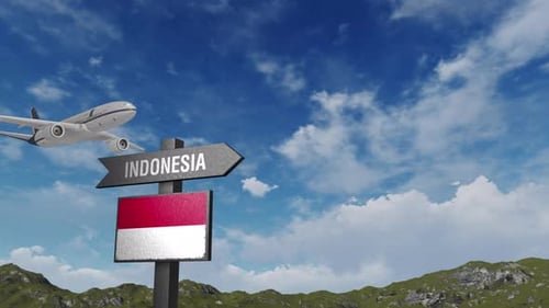 Indonesia Flag With Airplane And Arrow Sign