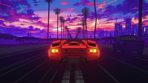 Retro Car Driving At Sunset Loop