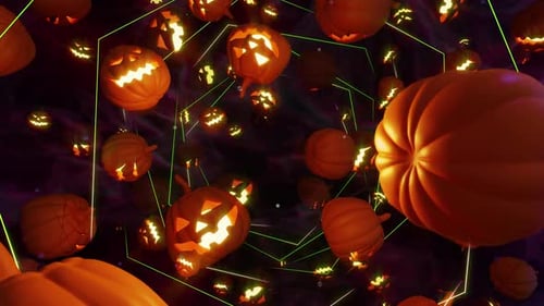 Halloween Jack-o'-Lanterns Flying Through Abstract Hexagon Tunnel Loop