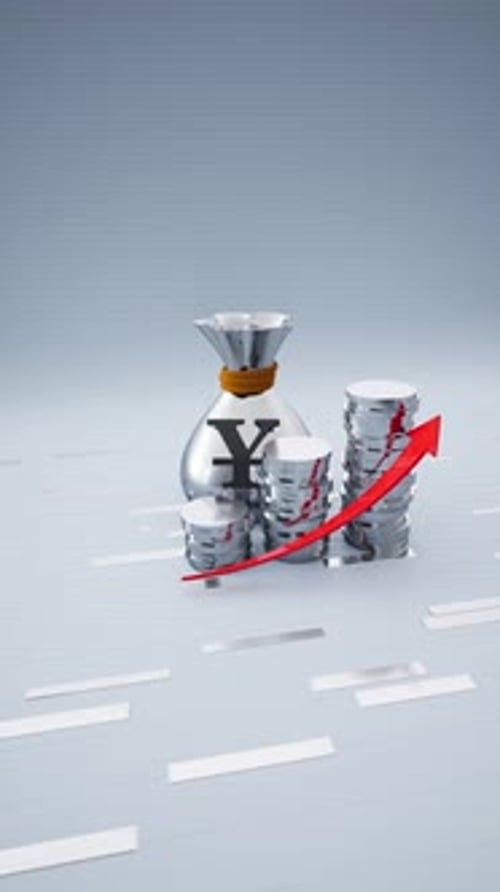 Vertical Silver Money Bag With A Yen Symbol And Increasing Coins Including Red Upward Arrow