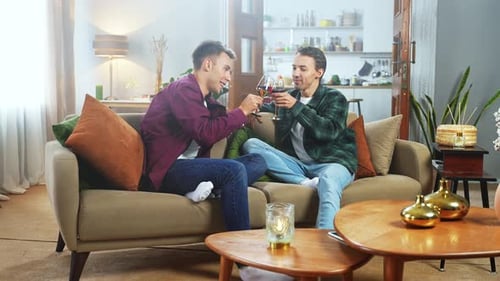 Friends Toasting Wine at Home on the Couch