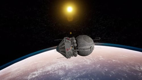 Raumschiff umkreist den Planeten und erkundet ferne Himmelslandschaften