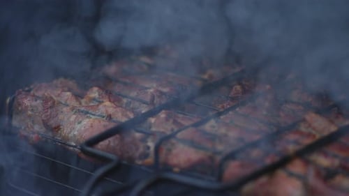 Cooked Pork on a Grill. Slow Motion Closeup.
