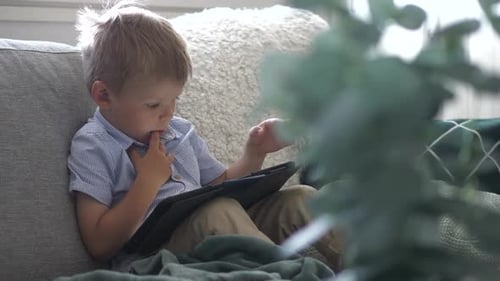 Young stylish boy learning to use tablet computer, indoor static view