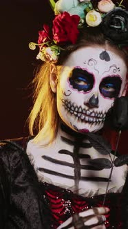 Vertical Video Beautiful Model Wearing Death Costume and Flowers Wreath