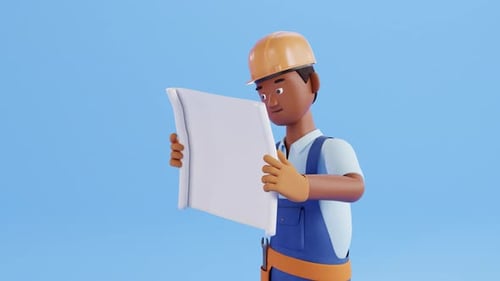 Builder-Charakteranimation. Baustellenarbeiter, Handwerker, der einen Bauplan hält und analysiert