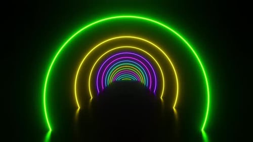 Voando por um túnel de anéis de néon coloridos. Animação em loop