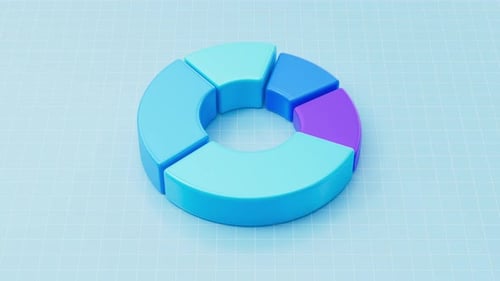 Gráfico circular de anillos giratorios azules en 3D con información de segmentos coloridos, visualización financiera gráfica