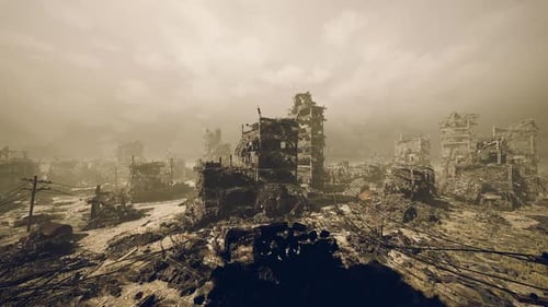 Derelict Boulevard with Collapsing Buildings Beneath Heavy Overcast