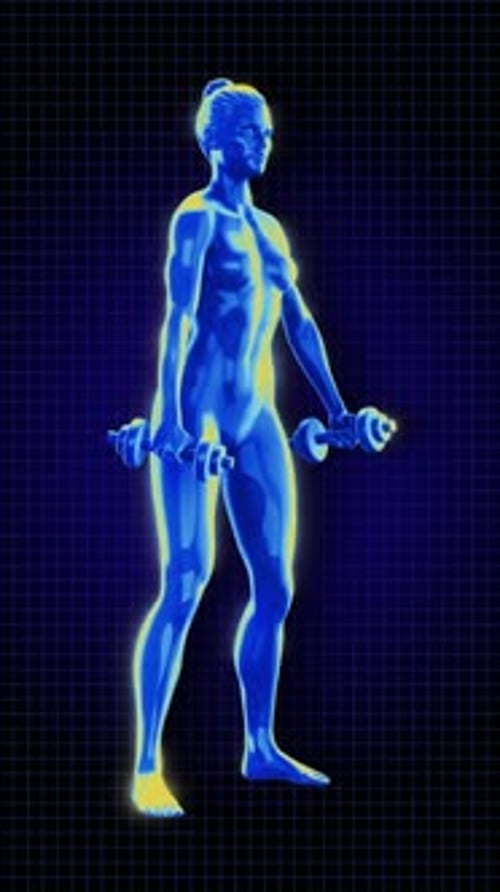 3D Glowing Female Figure Exercising with Dumbbells