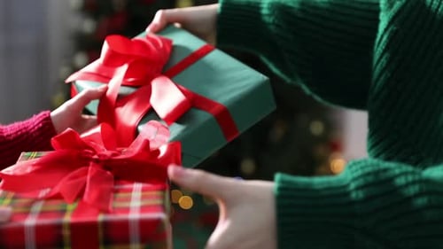 Christmas Gift Exchange Between Two Women by Christmas Tree