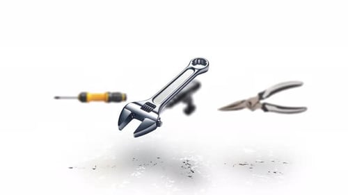 Animated rotation of drill, wrench, screwdriver and scissors. Sales show of hardware tools