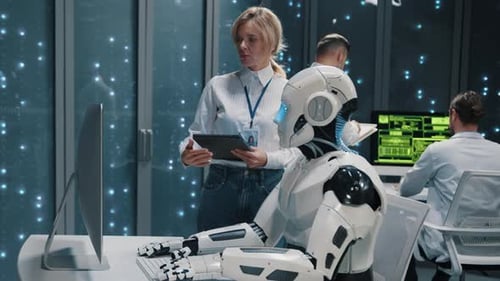 White Cybernetic Robot Using Computer Cooperating with People in Hightech IT Office Data Center