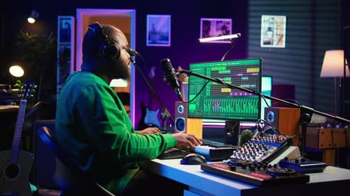 Musician Recording Music in Colorful Studio at Night