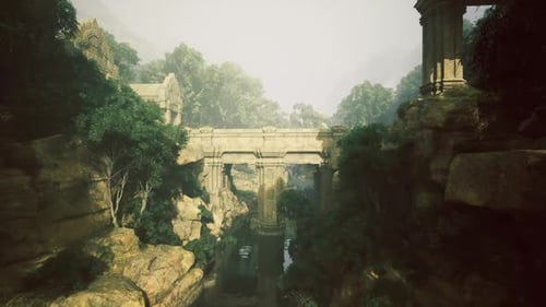 Arche majestueuse surplombant un paysage pittoresque et accidenté avec une ambiance nostalgique