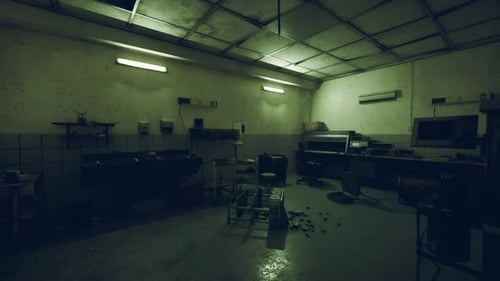 A Dimly Lit Abandoned Laboratory with Scattered Debris and Empty Tables