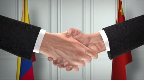 Colombia and China Officials Business Meeting. Diplomacy Deal Animation. Partners Handshake 4K
