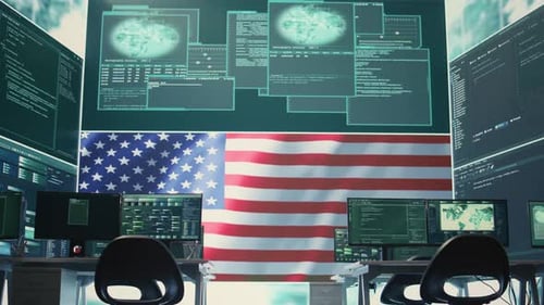 Futuristic Office with Multiple Monitors and American Flag