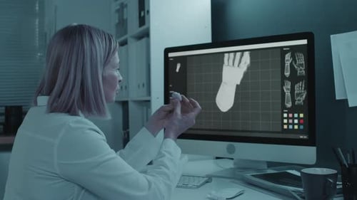 Un ingénieur derrière un ordinateur examine un petit prototype