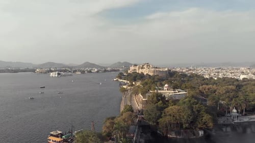 4k aerial drone footage of the exotic city of Udaipur, India and the Lake Pichola.
