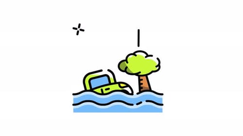 Animated Flat Design Icon of Car Submerged in Flood Water