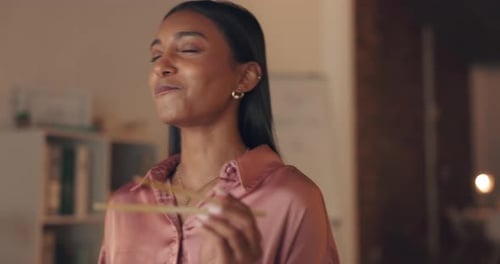 Night, work and eating ramen, woman with Chinese box while working at the office