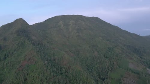 Aerial view of green mountain landscape with forest on the slope. Panoramic aerial of scenic tropica