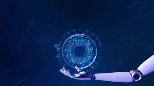 Robot numérique, main, interface virtuelle, intelligence artificielle, hologramme, HUD, interfaces circulaires, réseau de données