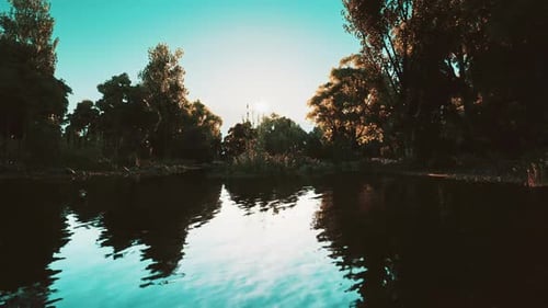 Ruhiger Sonnenuntergang über ruhigem Wasser, umgeben von üppigen Bäumen
