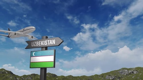 Uzbekistan Flag With Airplane And Arrow Sign