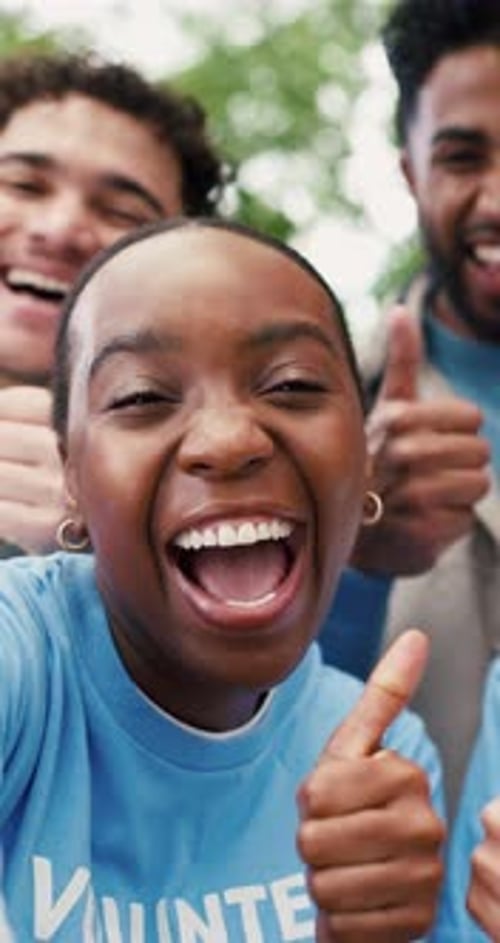 Volunteer group, face or selfie with thumbs up at park for charity success, NGO memory or activism