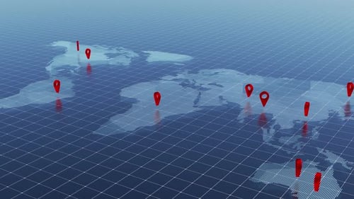 Concept de connexion réseau et de système de positionnement mondial (GPS). Carte du monde avec des centres technologiques mondiaux