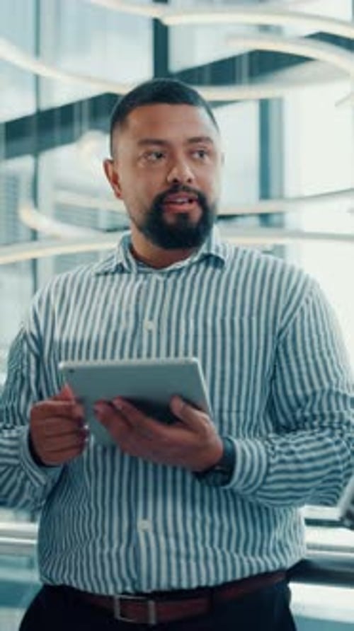 Speaker, tablet and meeting with business man in office for project update, discussion and review