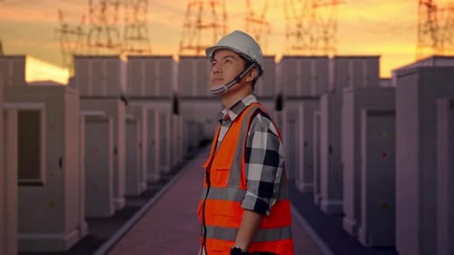 Side View Of Asian Male Engineer Looking Around with High Voltage Power