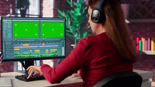 Woman Filmmaker Works on Post Production with Mockup at Home Office