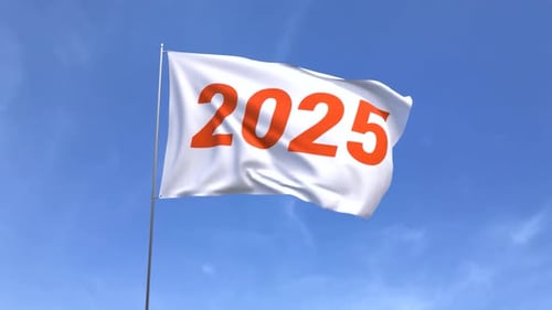 2025 New Year Flag Waving in Clear Blue Sky