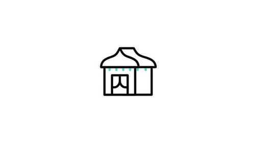 Animated Minimalist Beach Hut Icon with Water Drops and Sun
